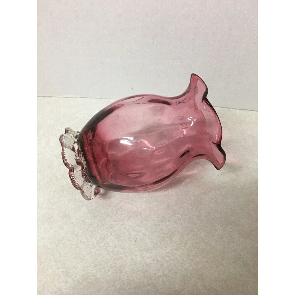 VINTAGE  CRANBERRY GLASS CLEAR PETAL FEET TULIP SHAPE RUFFLED NECK  VASE 4
